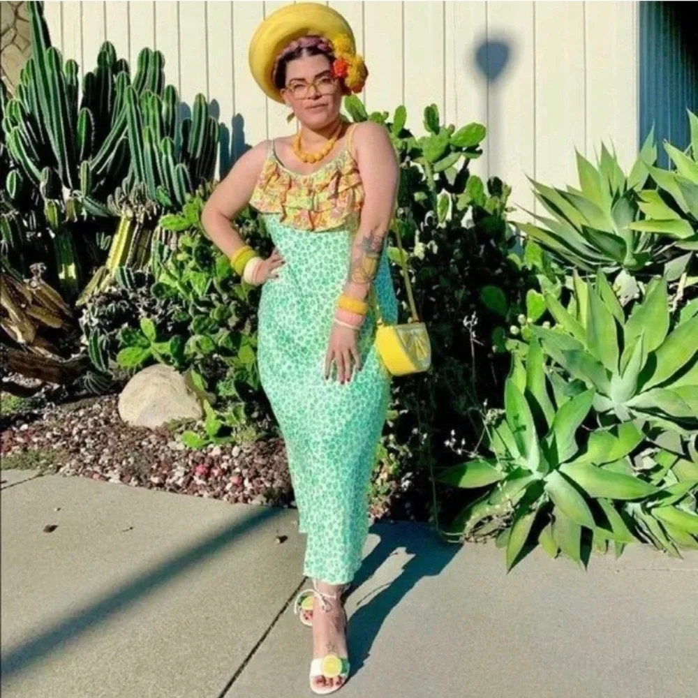Rixo X Target Green Animal Leopard Print Colorful Ruffle Midi Slip Dres Large - Picture 4 of 15